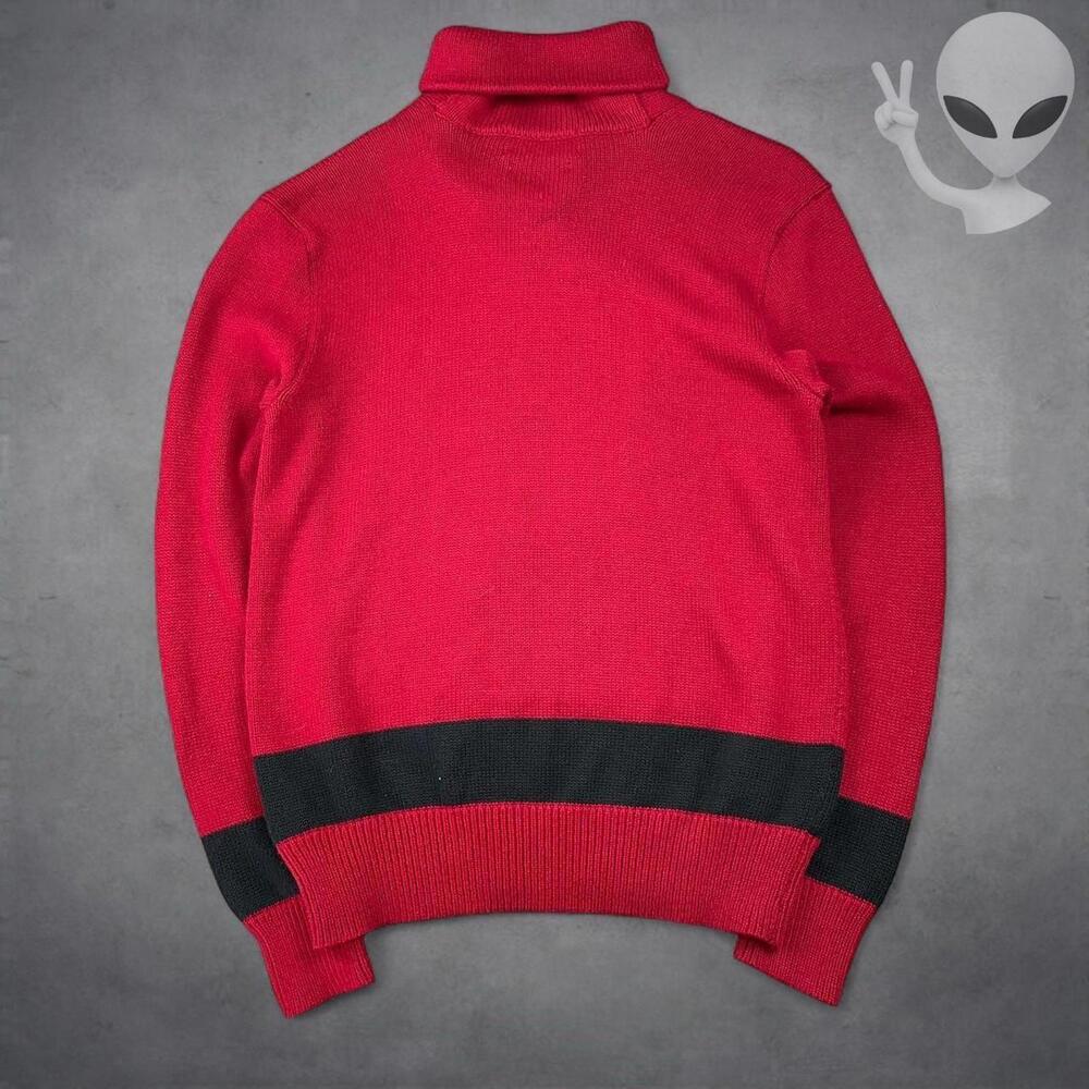 Vintage Polo Ralph Lauren Red Shawl Collar Sweater Black Stripe Medium Preppy - Picture 7 of 8